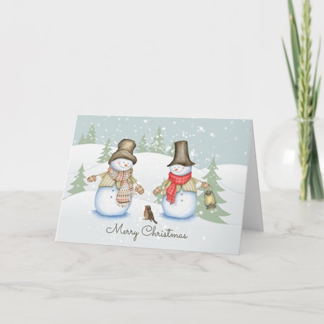 Cartes Pour Fêtes Annuelles Bonhomme de neige ami oiseau Joyeux Noël Mignon Va (Devant)