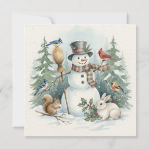 Cartes Pour Fêtes Annuelles Bonhomme de neige de Noël et oiseaux de forêt, Ani
