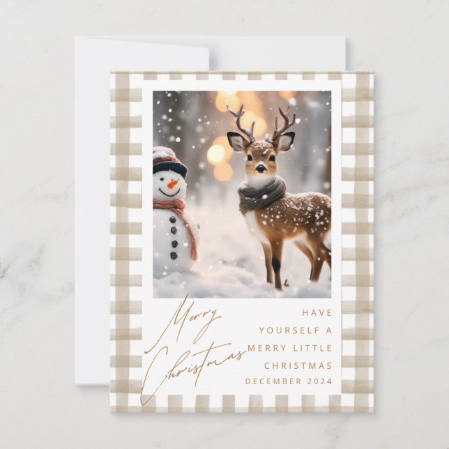 Cartes Pour Fêtes Annuelles Bonhomme de neige d'hiver et cerf mignon (Devant)