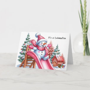 Cartes Pour Fêtes Annuelles Bonhomme de neige joueur au terrain de jeu rose