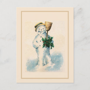 Cartes Pour Fêtes Annuelles Bonhomme de neige souriant houx balai Noël vintage
