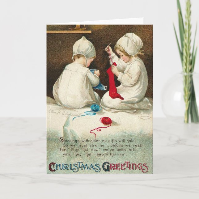 Cartes Pour Fêtes Annuelles Bonjour Noël Enfants Coudre Chaussettes de Noël (Devant)