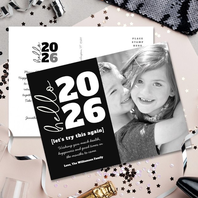 Cartes Pour Fêtes Annuelles Bonjour Nouvel An Noir Blanc Gras Personnalisé Ann (Créateur téléchargé)