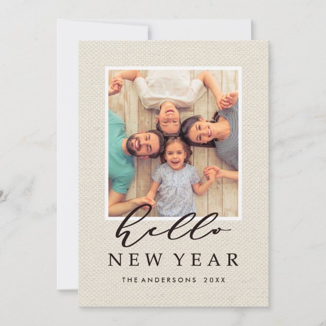 Cartes Pour Fêtes Annuelles Bonjour Nouvel An Rustique Faux Burlap Texture Pho (Devant)