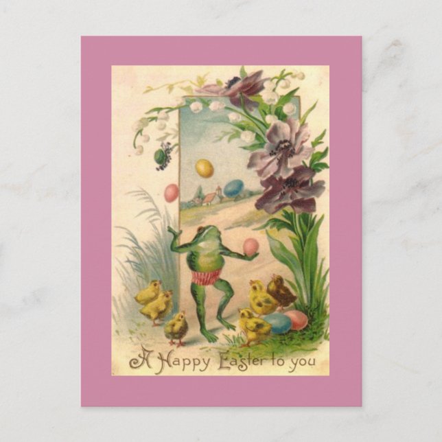 CARTES POUR FÊTES ANNUELLES BONJOUR OEUF DE PÂQUES JOUER FROG AVEC POULET (Devant)