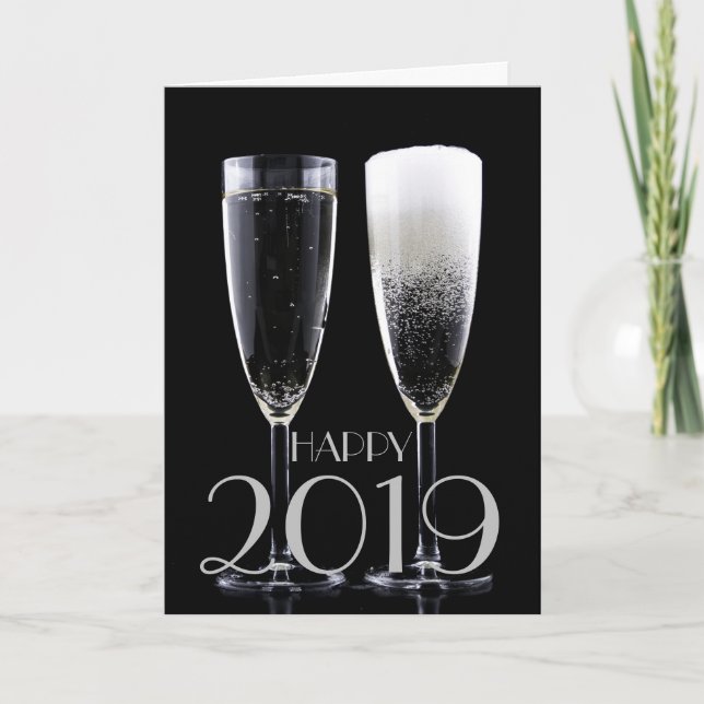 Cartes Pour Fêtes Annuelles Bonne année 2019 Flute de Champagne Blanc Noir (Devant)