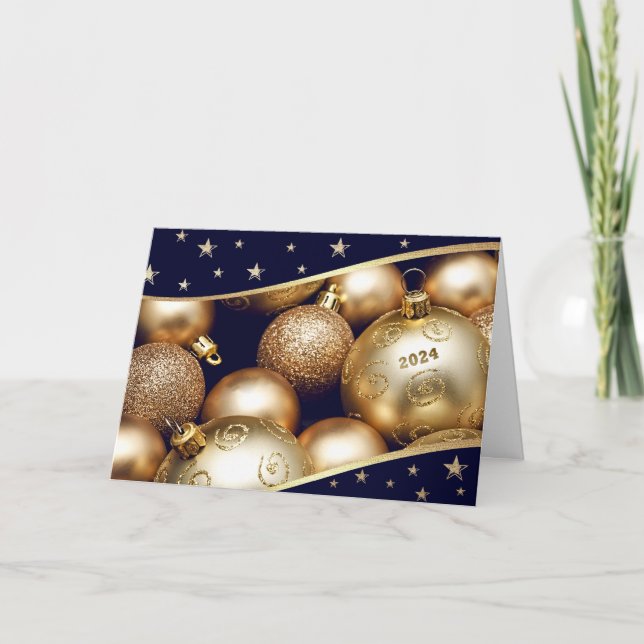 Cartes Pour Fêtes Annuelles Bonne année 2024. Baubles d'or (Devant)