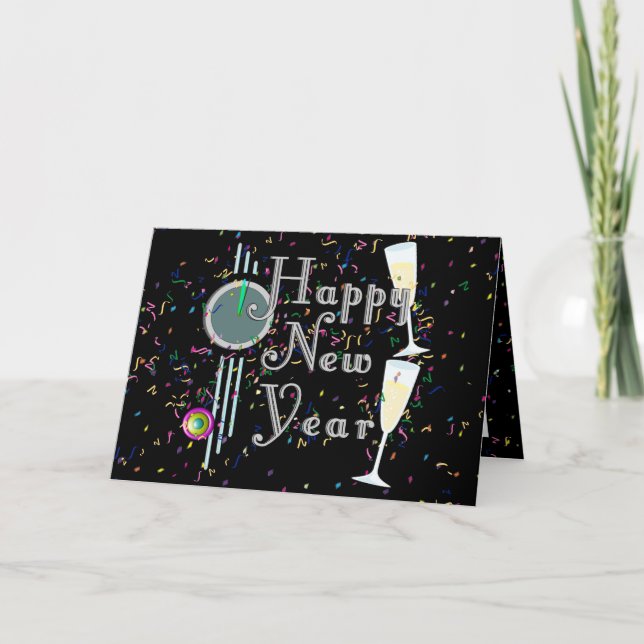 Cartes Pour Fêtes Annuelles Bonne Année Avec Champagne & Confetti (Devant)