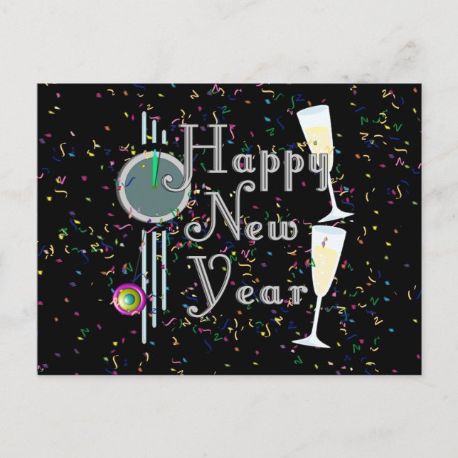 Cartes Pour Fêtes Annuelles Bonne année avec Champagne & Confetti (Devant)
