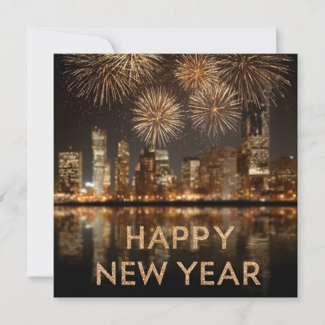 Cartes Pour Fêtes Annuelles "Bonne Année" avec Feux d'Artifice au-dessus d'une (Devant)