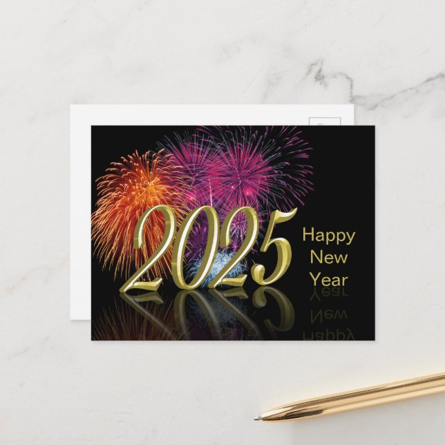 Cartes Pour Fêtes Annuelles Bonne année Gold 2025 Fireworks (Devant/Arrière en situation)