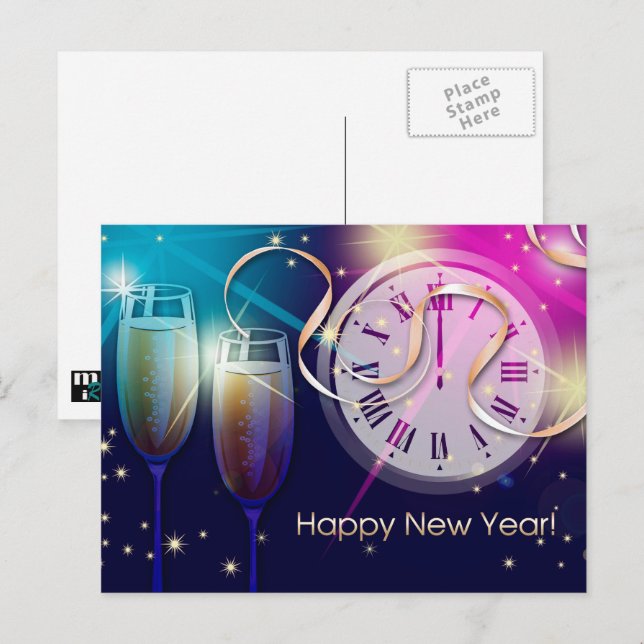 Cartes Pour Fêtes Annuelles Bonne année. Horloge Fireworks et Counting (Devant / Derrière)