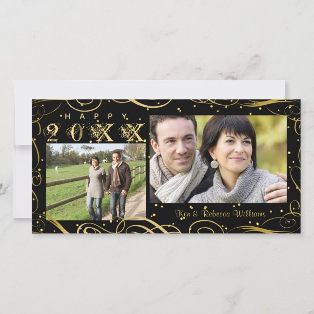 Cartes Pour Fêtes Annuelles Bonne année, noir élégant et rouleau d'or (Devant)