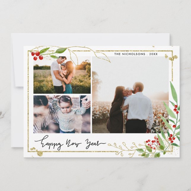 Cartes Pour Fêtes Annuelles Bonne année | Script Red Berry Multi Photo (Devant)