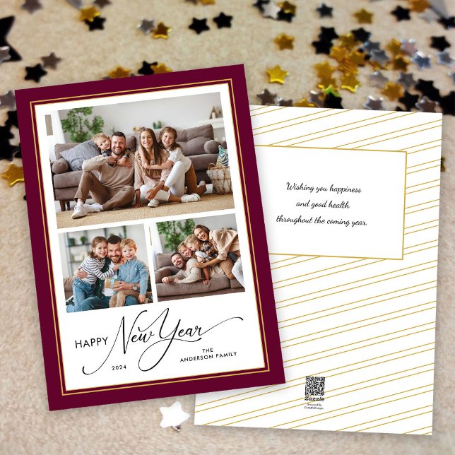Cartes Pour Fêtes Annuelles Bonne année Simple Élégant Script 3 Photos (Créateur téléchargé)