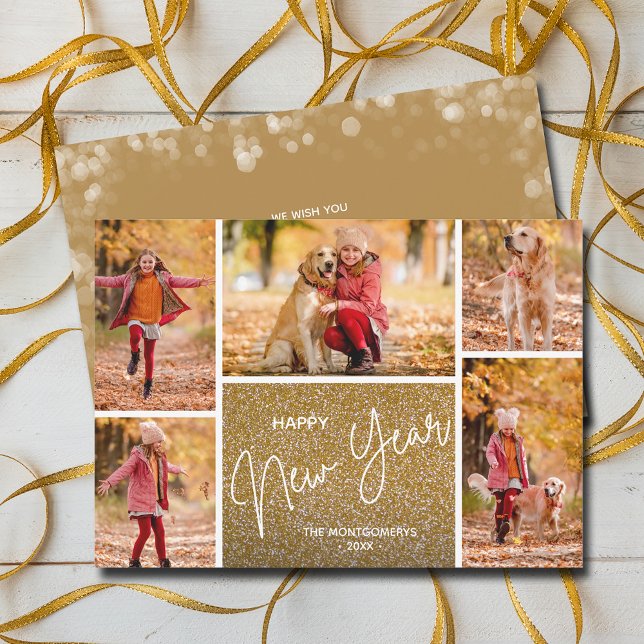 Cartes Pour Fêtes Annuelles Bonne année sur Gold Multi Photo (Happy New Year on Gold Multi-Photo Holiday Cards)