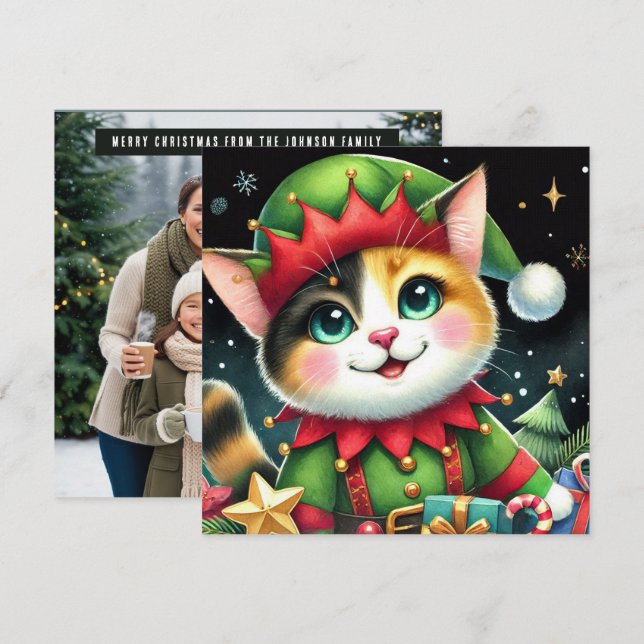 Cartes Pour Fêtes Annuelles Bonne étoile Noël mignonne chat calico Elf (Devant / Derrière)