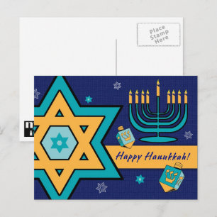 Cartes Pour Fêtes Annuelles Bonne Hanoukka. Étoile de David, Menorah, Dreidels