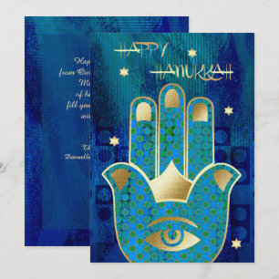 Cartes Pour Fêtes Annuelles Bonne Hanoukka. Main d'or Hamsa