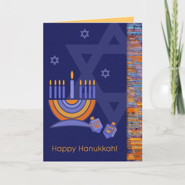 Cartes Pour Fêtes Annuelles Bonne Hanoukka. Menorah avec Dreidels (Devant)