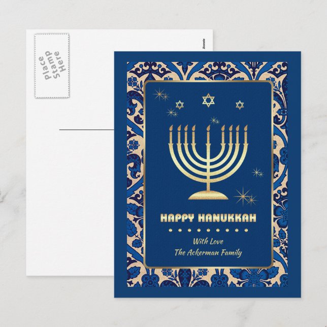 Cartes Pour Fêtes Annuelles Bonne Hanoukka. Menorah d'or (Devant / Derrière)
