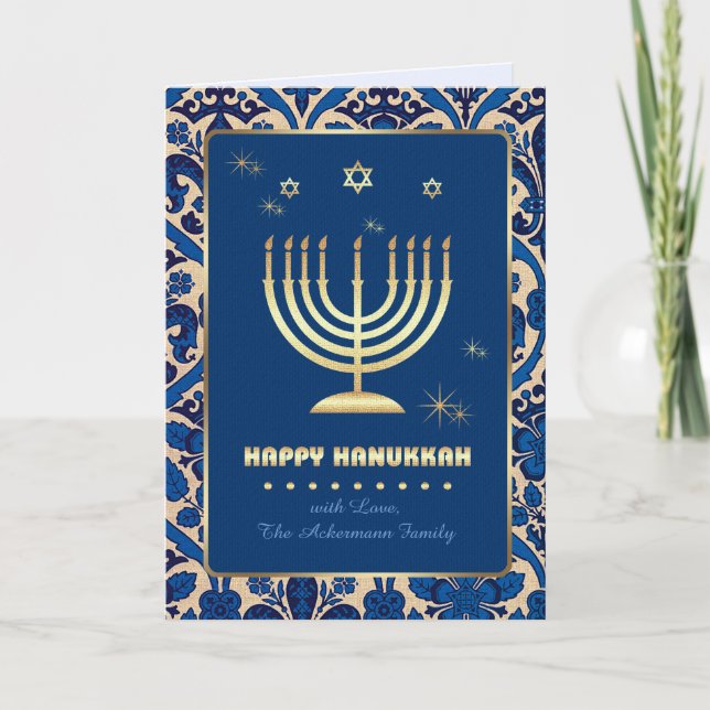 Cartes Pour Fêtes Annuelles Bonne Hanoukka. Menorah d'or (Devant)