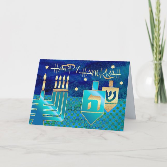 Cartes Pour Fêtes Annuelles Bonne Hanoukka. Menorah & Dreidels (Devant)