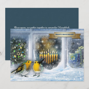 Cartes Pour Fêtes Annuelles Bonne Hanoukka. Scène de fenêtre de neige avec Men