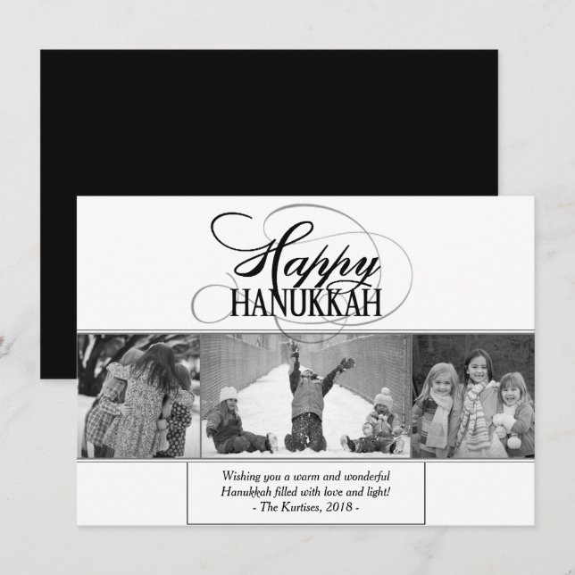 Cartes Pour Fêtes Annuelles Bonne Hanoukka | Script moderne noir blanc 3 photo (Devant / Derrière)