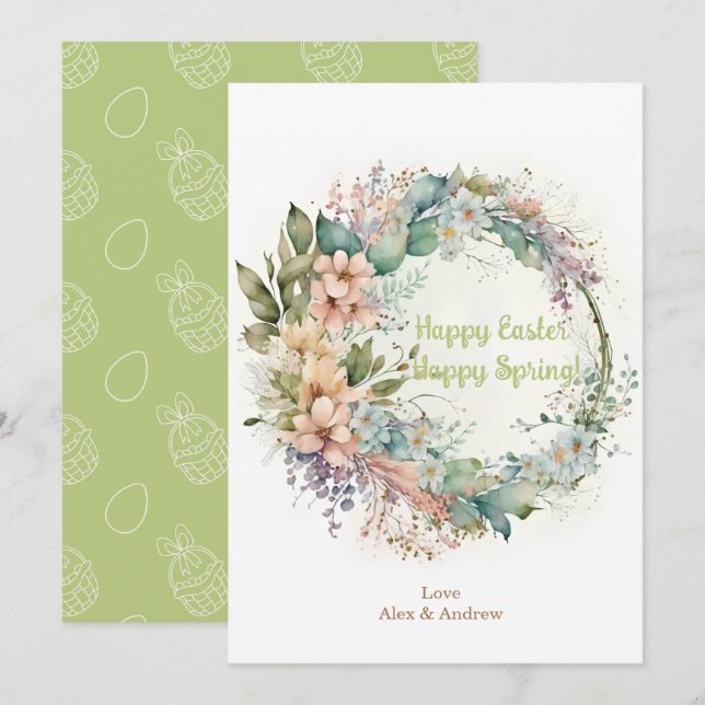 Cartes Pour Fêtes Annuelles Bonne Pâques JoyeuxMonnaie de Printemps Vert Fleur (Devant / Derrière)