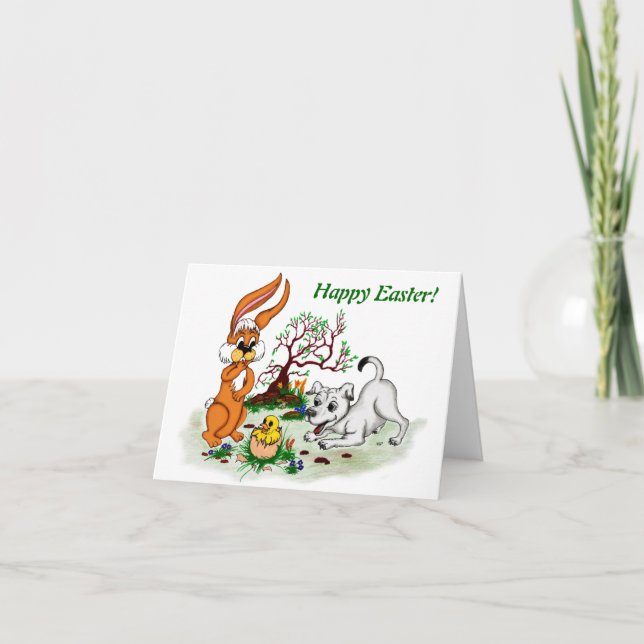 Cartes Pour Fêtes Annuelles Bonne Pâques ! Welpe, Küken, Hase (Devant)