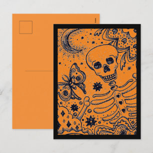 CARTES POUR FÊTES ANNUELLES BONNES DANS LE SKELETON JARDIN, FOLK ART MOON MOTH