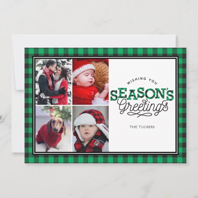 Cartes Pour Fêtes Annuelles Bonnes Fêtes Buffalo Plaid vert 4-Photo (Devant)