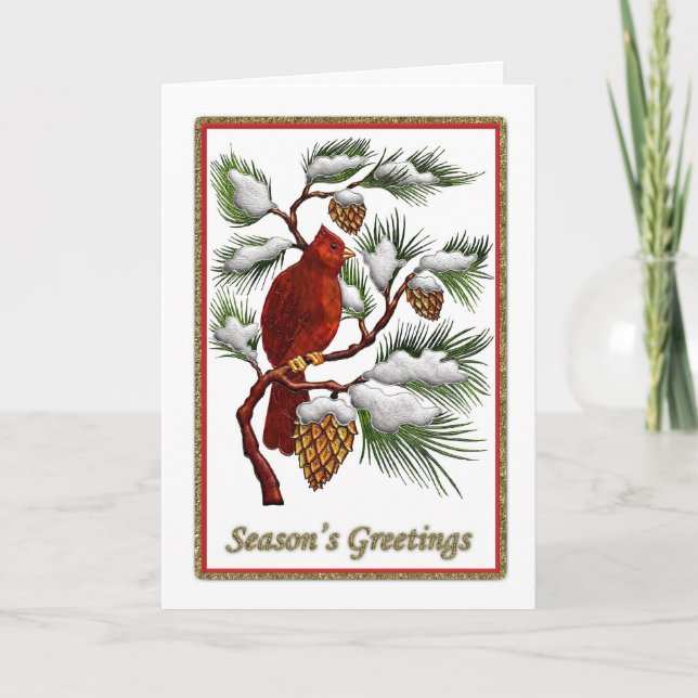 Cartes Pour Fêtes Annuelles Bonnes Fêtes - Cardinal rouge aux cônes de pin (Devant)