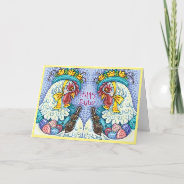 Cartes Pour Fêtes Annuelles BONNET DE PÂQUES ET OEUFS, PRINTEMPS POULET Coloré (Devant)