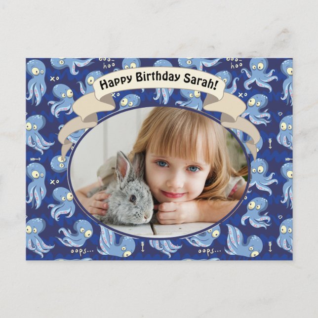 Cartes Pour Fêtes Annuelles Boo Octopus Blue Cute Anniversaire de enfant Invit (Devant)