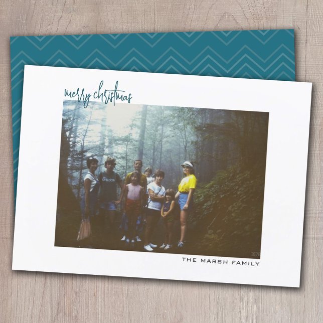 Cartes Pour Fêtes Annuelles Bordure blanche du chevron bleu photo horizontale  (Créateur téléchargé)