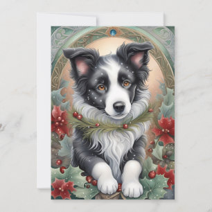 Cartes Pour Fêtes Annuelles Bordure Collie Chien Poinsettias Holly Noël