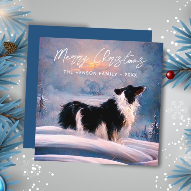 Cartes Pour Fêtes Annuelles Bordure Collie en hiver Paysage de neige Noël (Créateur téléchargé)