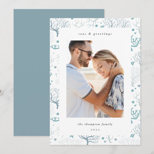 Cartes Pour Fêtes Annuelles Bordure de corail océanique | Photo verticale (Devant / Derrière)