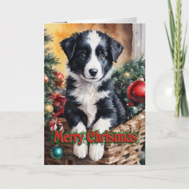 Cartes Pour Fêtes Annuelles Bordure de Noël Chiot Collie dans un panier (Devant)