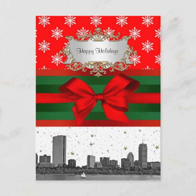 Cartes Pour Fêtes Annuelles Boston Skyline Red Snowflon Noël (Devant)