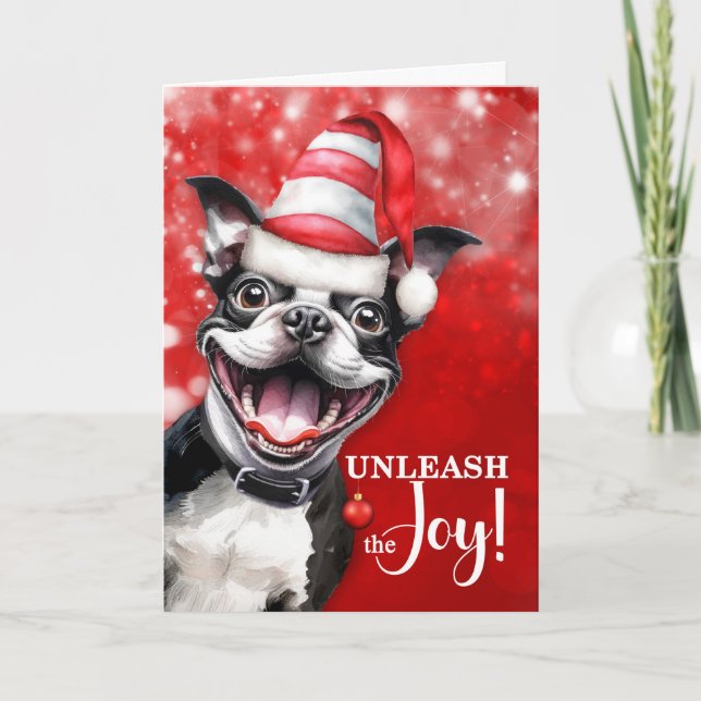 Cartes Pour Fêtes Annuelles Boston Terrier Dog déchaîner la joie Noël (Devant)