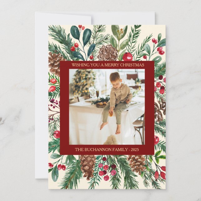 Cartes Pour Fêtes Annuelles Botanical Christmas Photo Square Green and Holly (Devant)