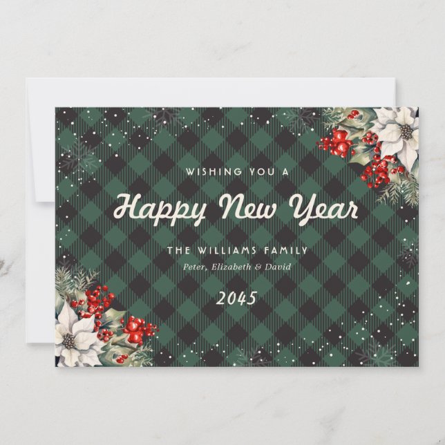 Cartes Pour Fêtes Annuelles Botanical Green Plaid Snowflake New Year Card (Devant)