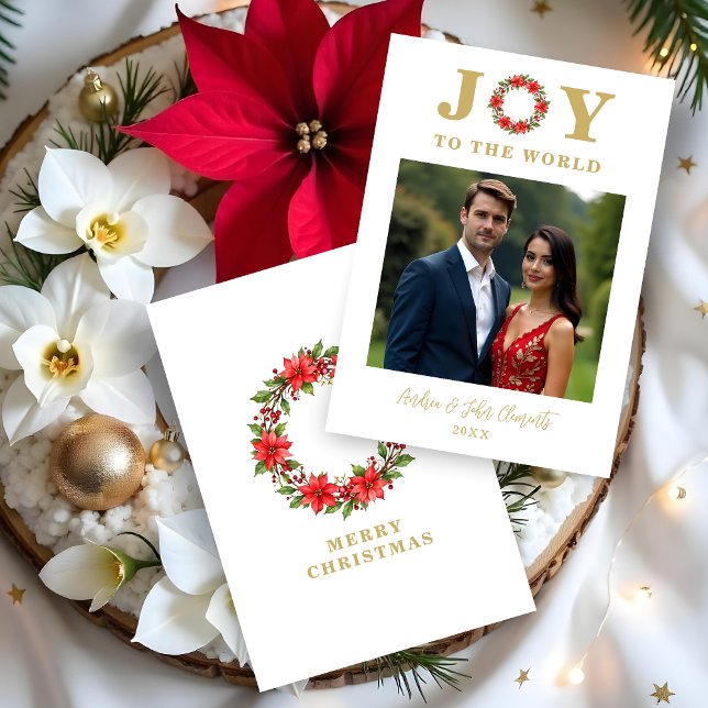 Cartes Pour Fêtes Annuelles Botanical Ponsettia Christmas Wreath Photo Family  (Botanical Poinsettias Christmas Wreath Photo Family Holidays Cards with Joy to the World Quote. )