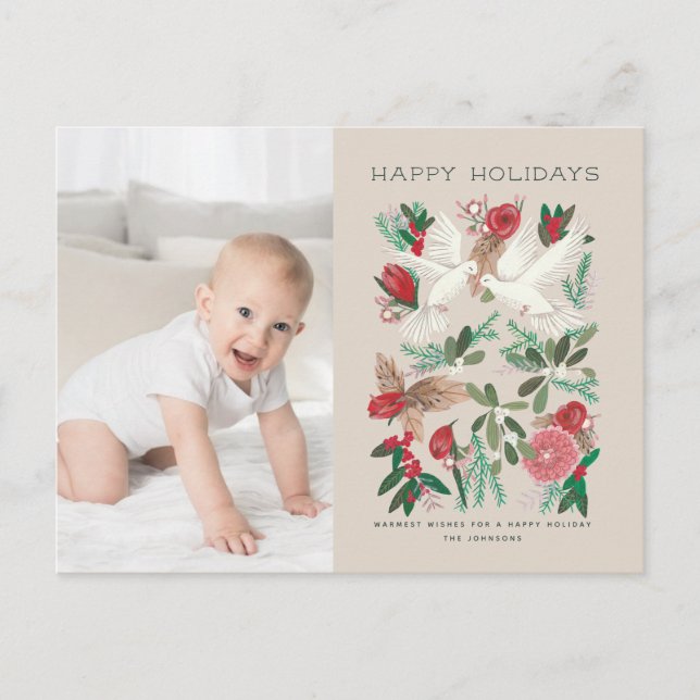 Cartes Pour Fêtes Annuelles Botanical Red & Beige floral & doves (Devant)