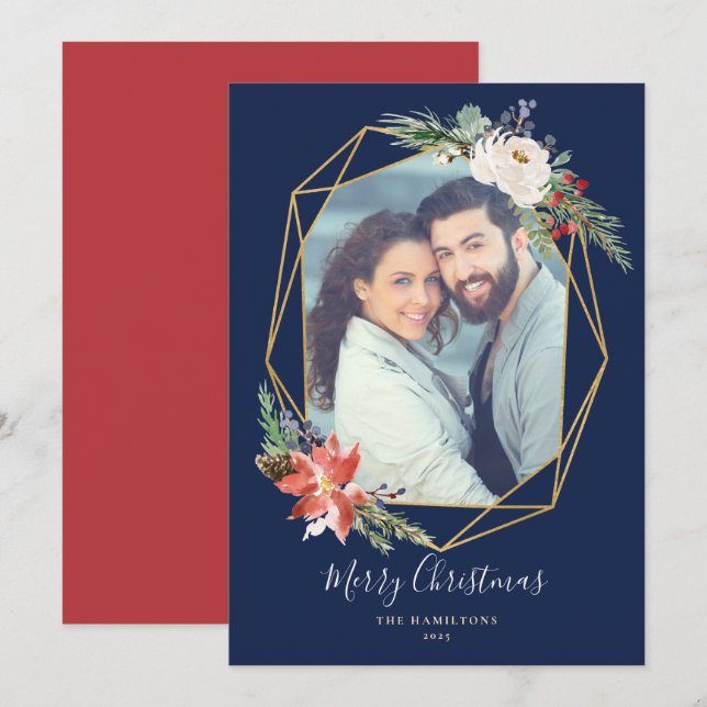 Cartes Pour Fêtes Annuelles Botanique de Noël Photo géométrique Bleue (Devant / Derrière)