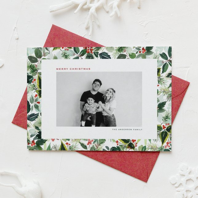 Cartes Pour Fêtes Annuelles Botanique Variée Winterberry Photo Noël (Customizable botanical photo Christmas card featuring watercolor holly and greenery pattern. )