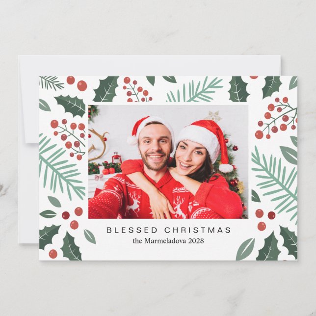 Cartes Pour Fêtes Annuelles Botaniques d'hiver Joyeux Noël Photo Rouge (Devant)